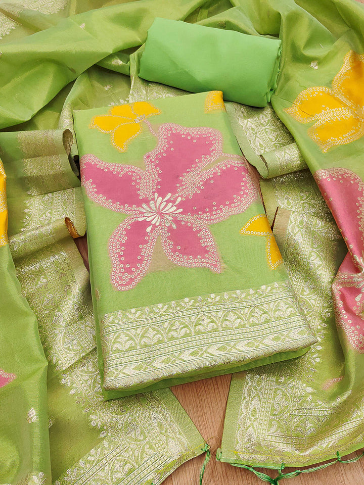 Green Tissue Floral Weaving Unstitched Dress Material