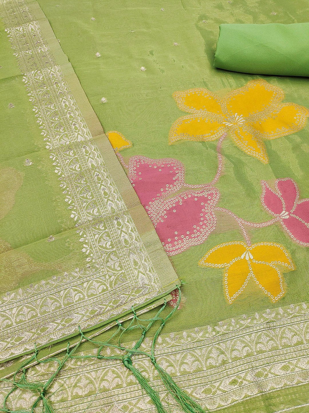 Green Tissue Floral Weaving Unstitched Dress Material