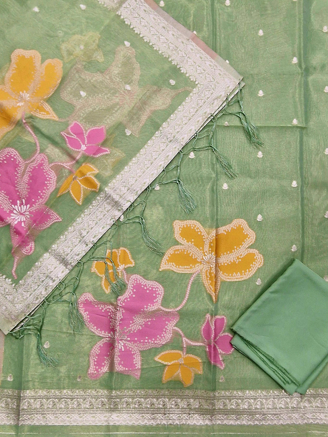 Green Tissue Floral Weaving Unstitched Dress Material