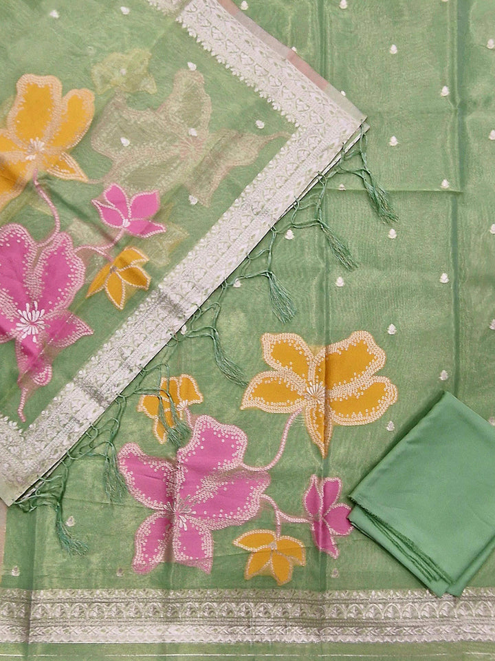Green Tissue Floral Weaving Unstitched Dress Material