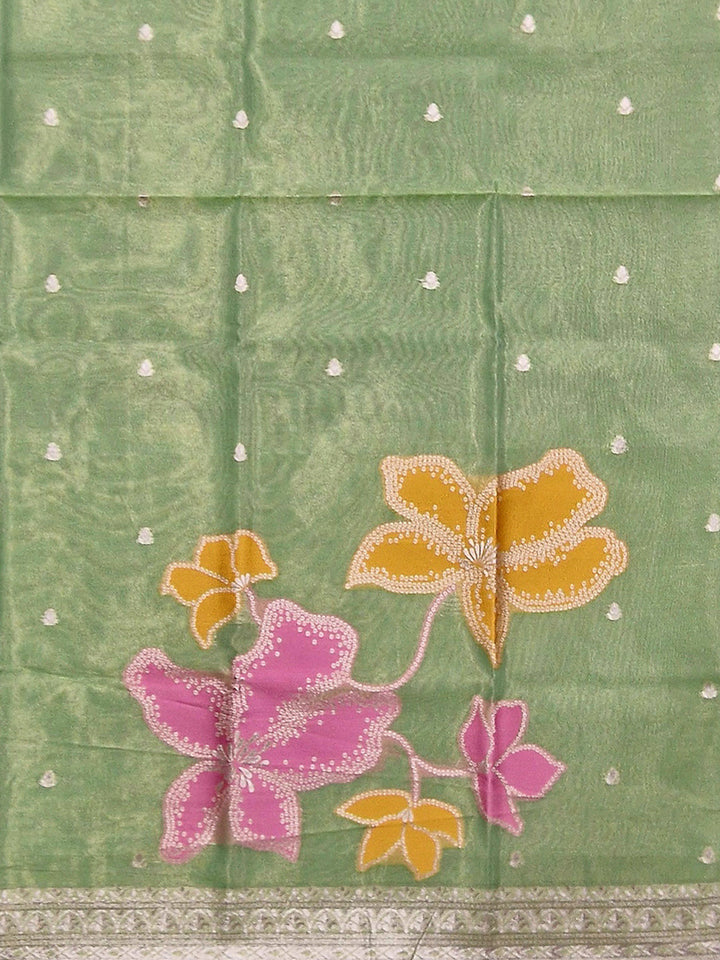 Green Tissue Floral Weaving Unstitched Dress Material