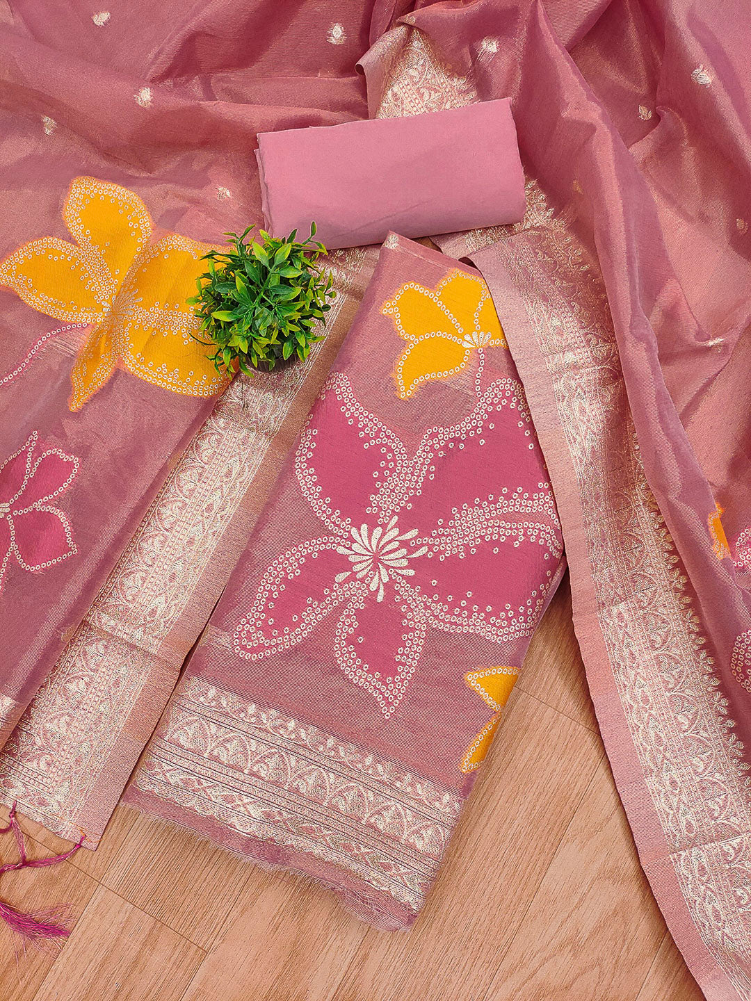 Pink Tissue Floral Weaving Unstitched Dress Material