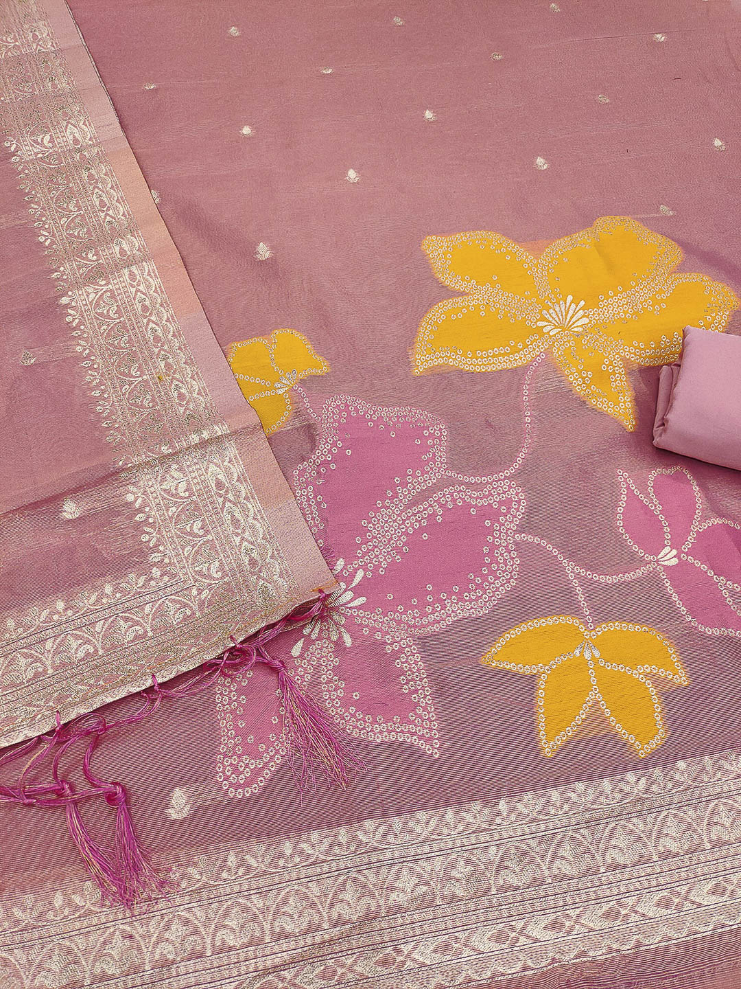 Pink Tissue Floral Weaving Unstitched Dress Material