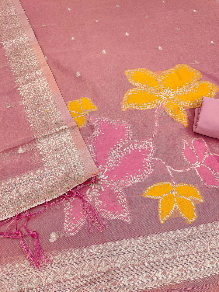 Pink Tissue Floral Weaving Unstitched Dress Material