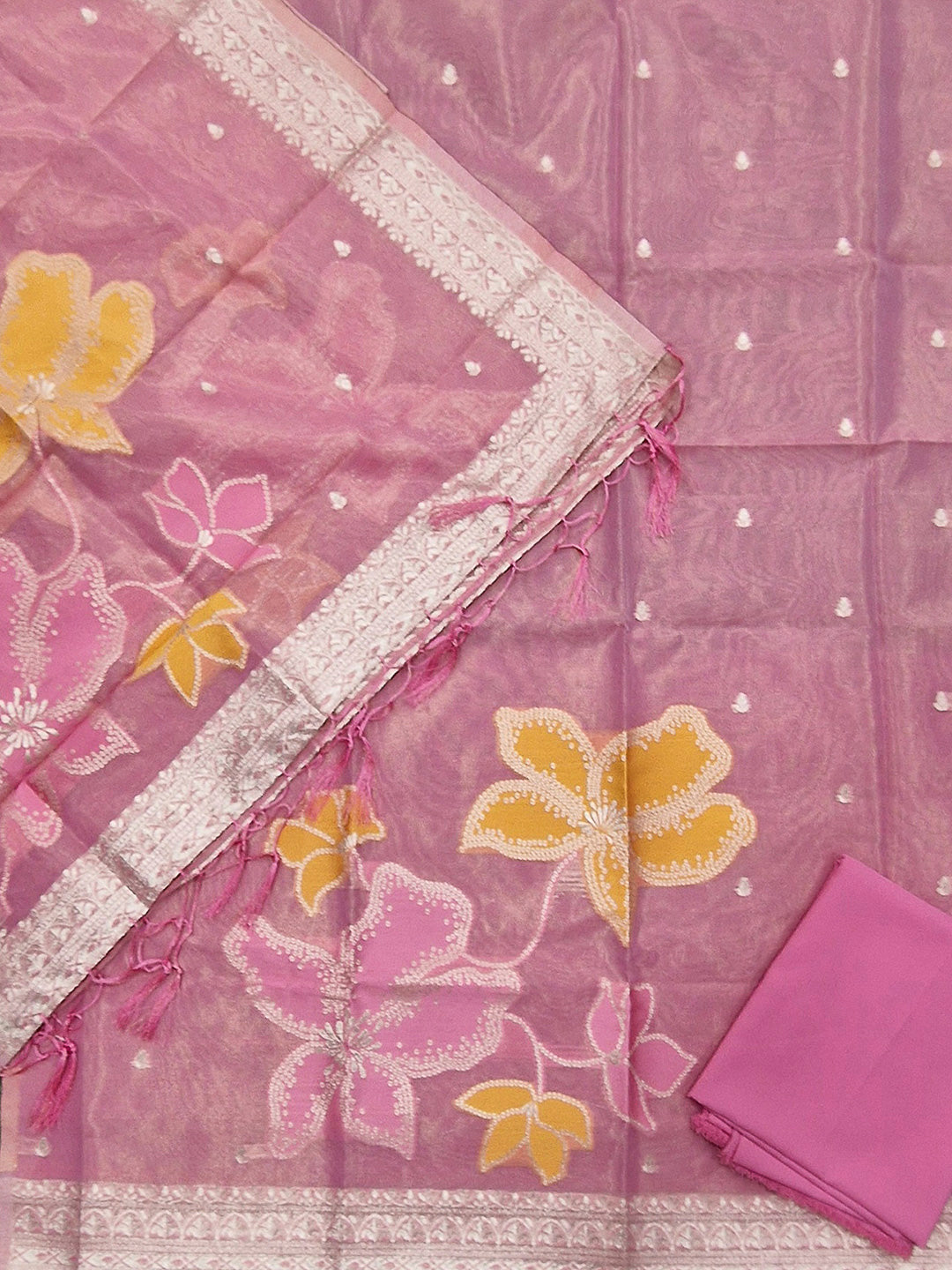 Pink Tissue Floral Weaving Unstitched Dress Material