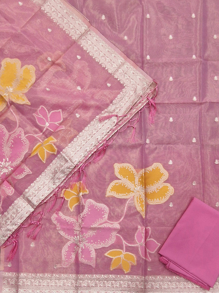 Pink Tissue Floral Weaving Unstitched Dress Material