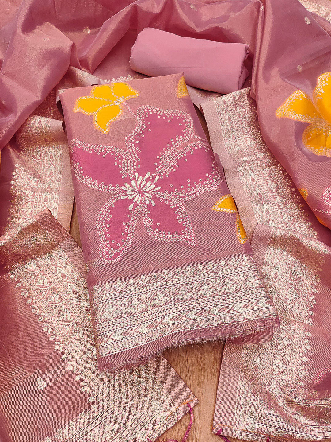 Pink Tissue Floral Weaving Unstitched Dress Material