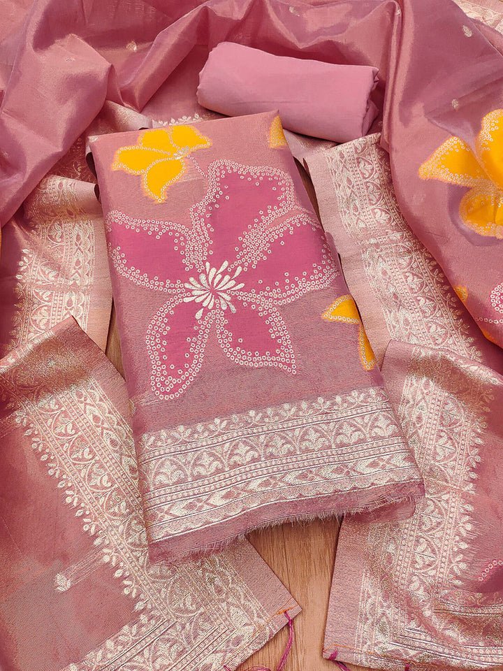 Pink Tissue Floral Weaving Unstitched Dress Material