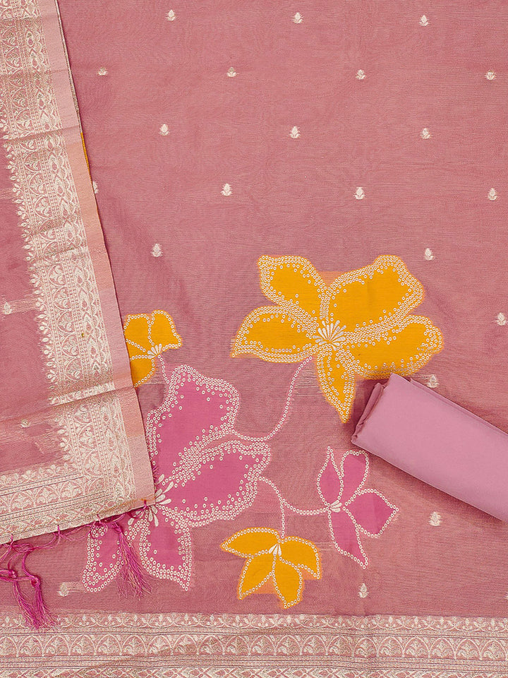 Pink Tissue Floral Weaving Unstitched Dress Material