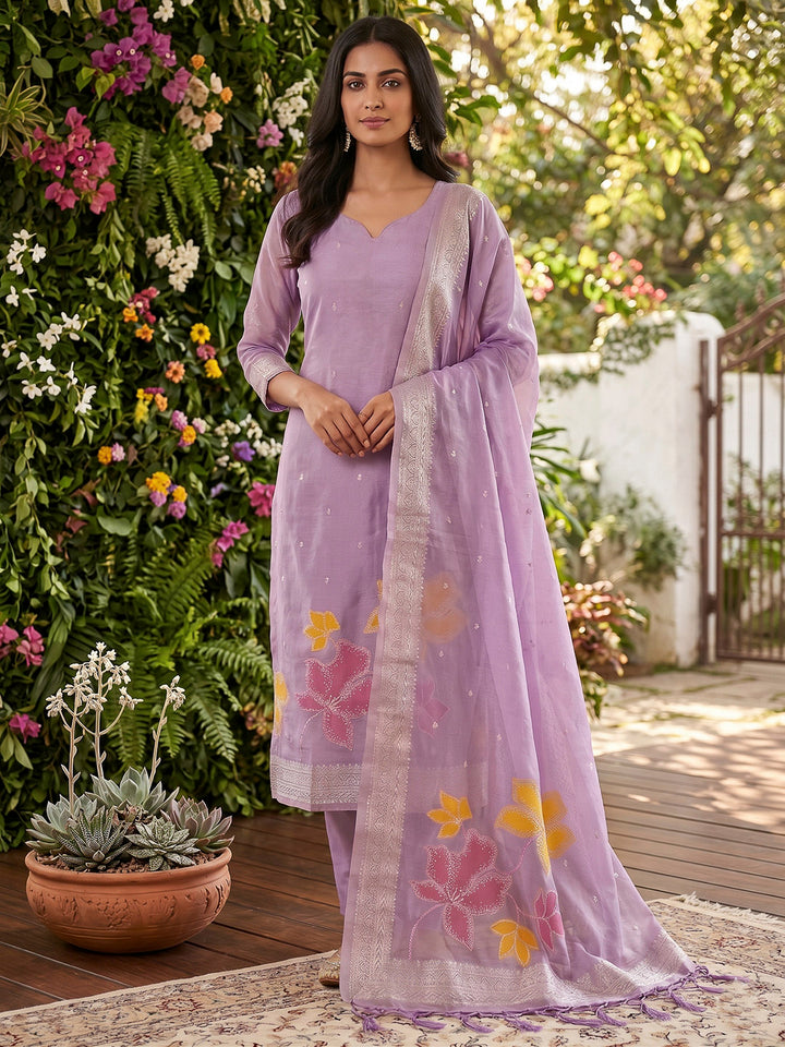 Purple Tissue Floral Weaving Unstitched Dress Material