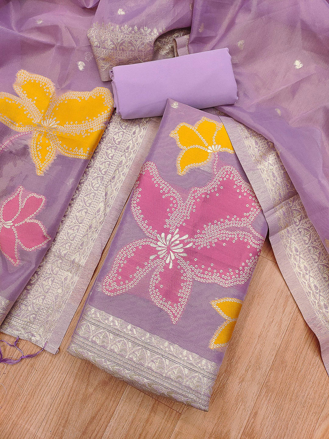 Purple Tissue Floral Weaving Unstitched Dress Material