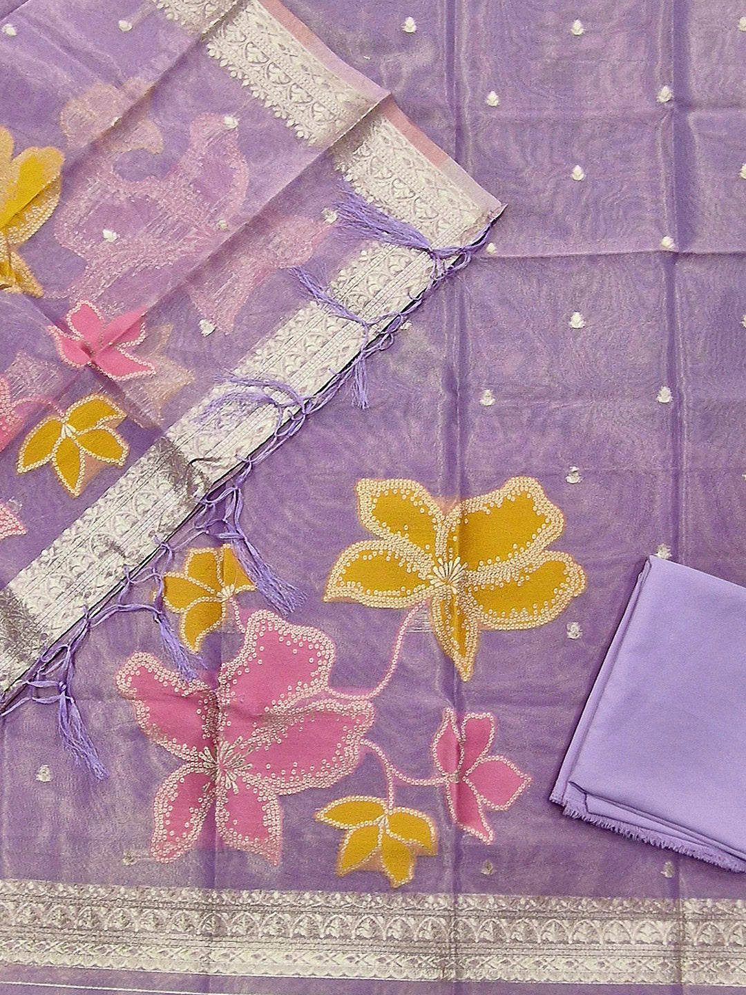 Purple Tissue Floral Weaving Unstitched Dress Material