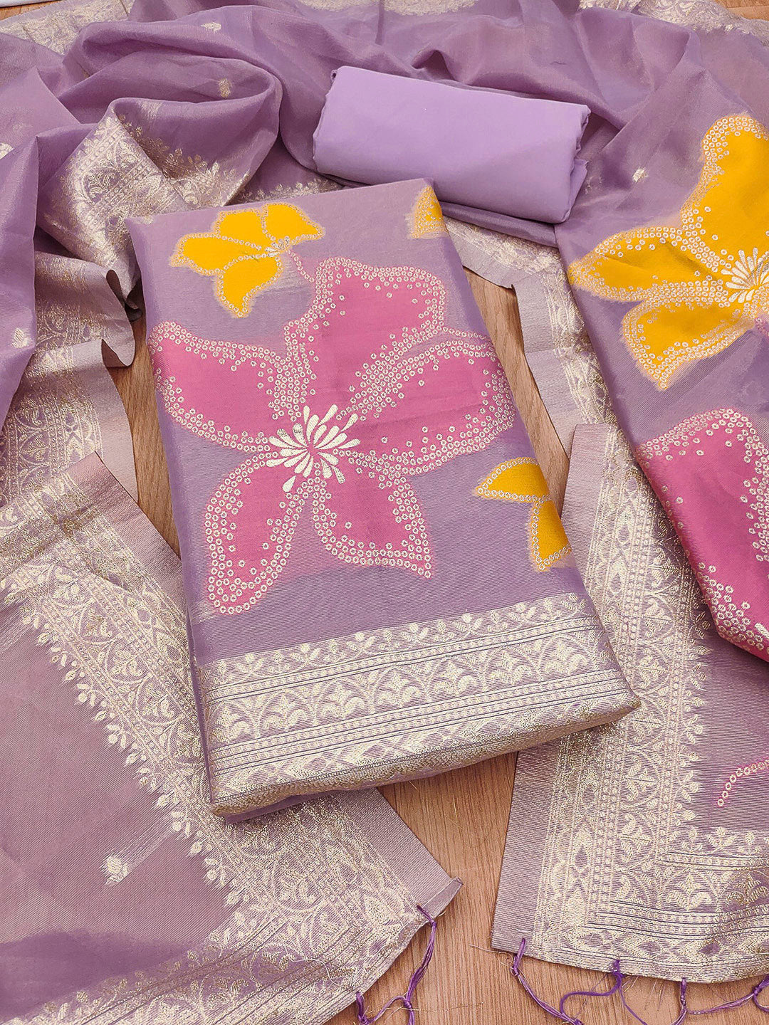 Purple Tissue Floral Weaving Unstitched Dress Material