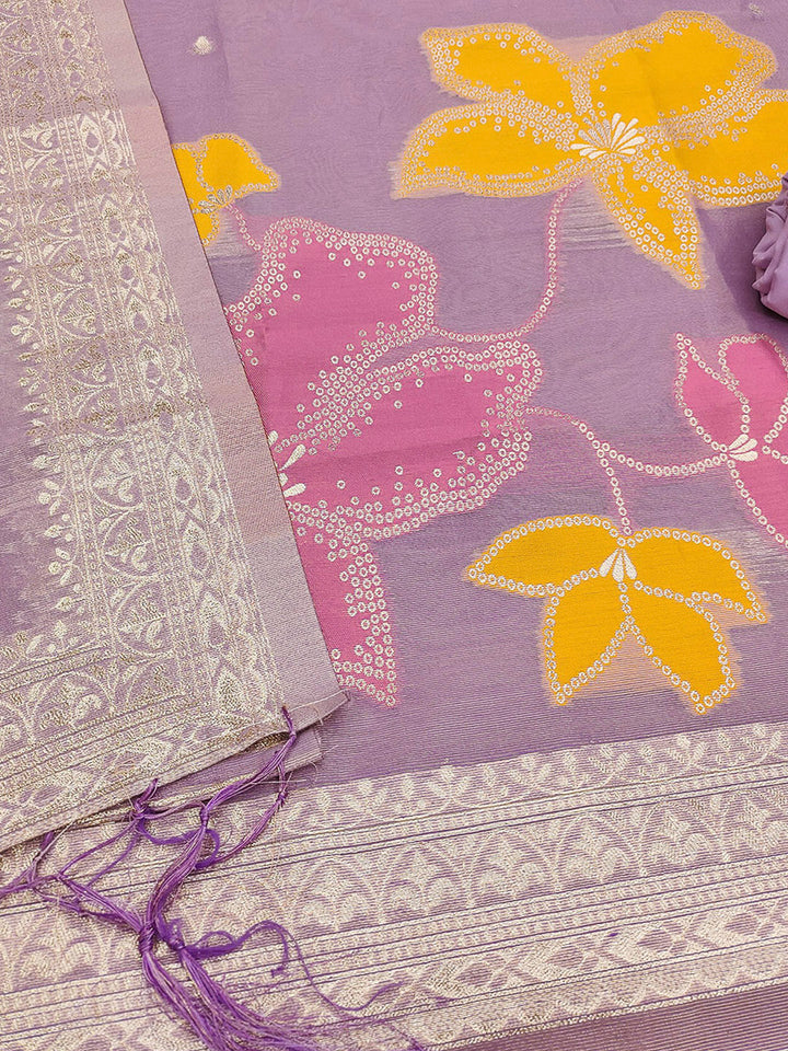 Purple Tissue Floral Weaving Unstitched Dress Material