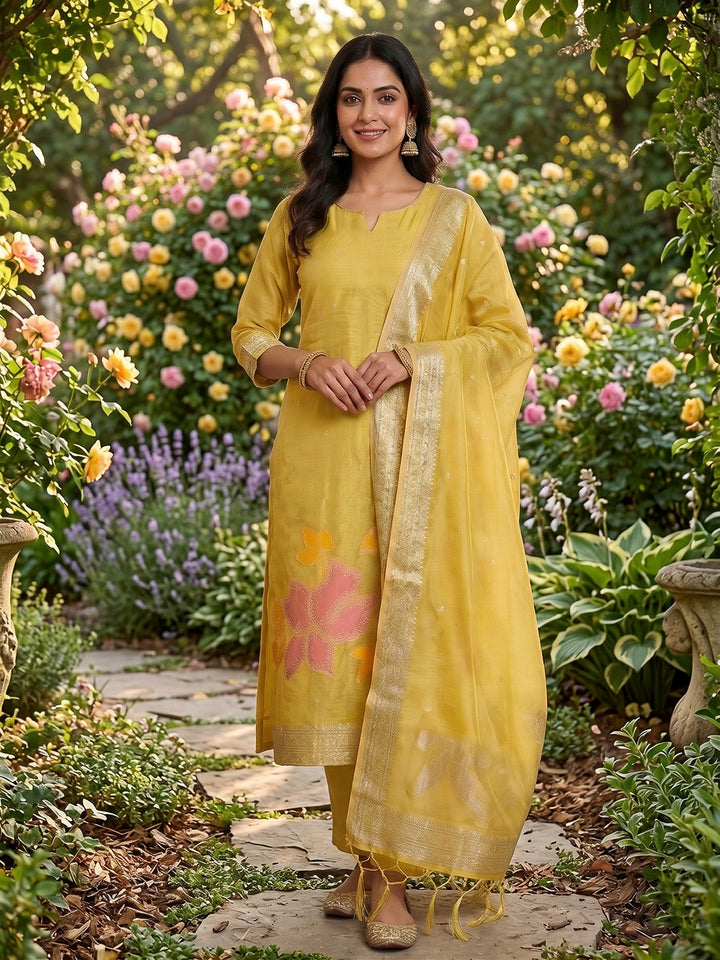 Yellow Tissue Floral Weaving Unstitched Dress Material