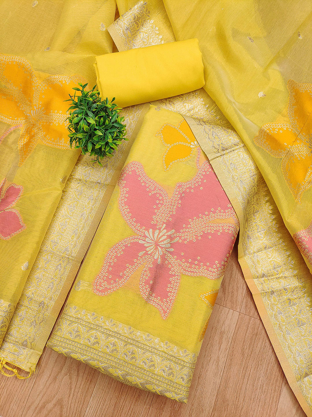 Yellow Tissue Floral Weaving Unstitched Dress Material