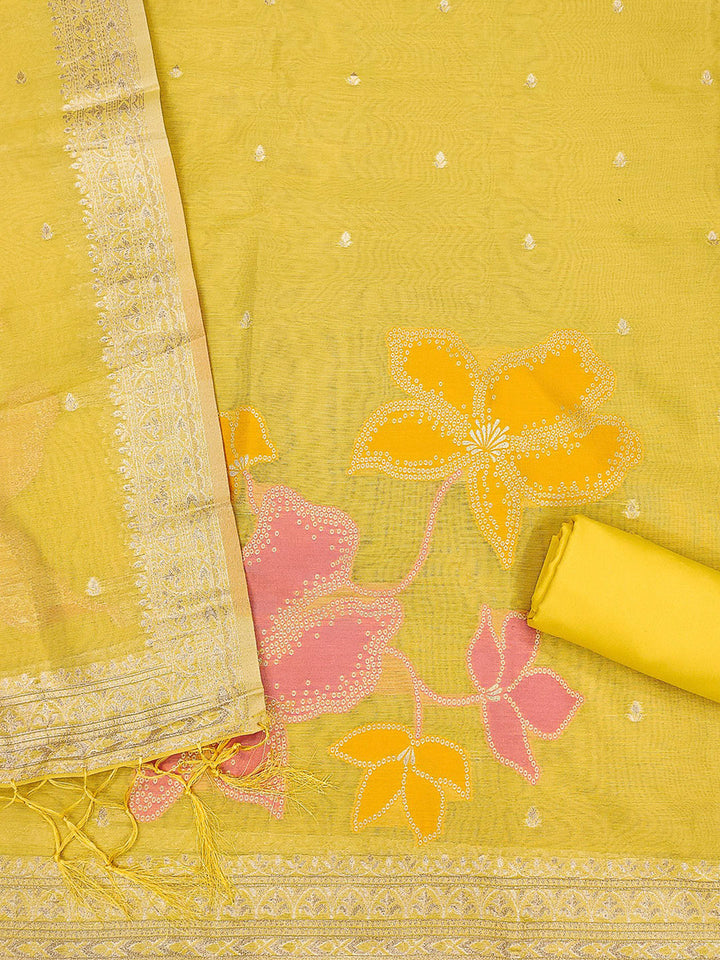 Yellow Tissue Floral Weaving Unstitched Dress Material