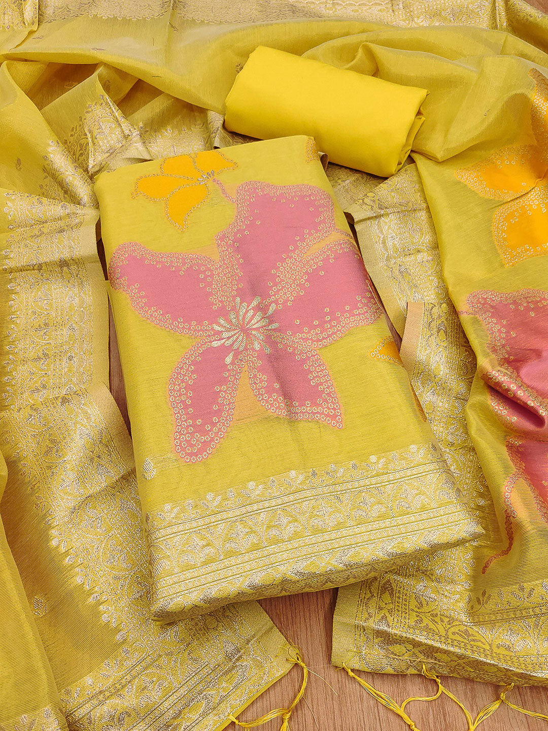 Yellow Tissue Floral Weaving Unstitched Dress Material
