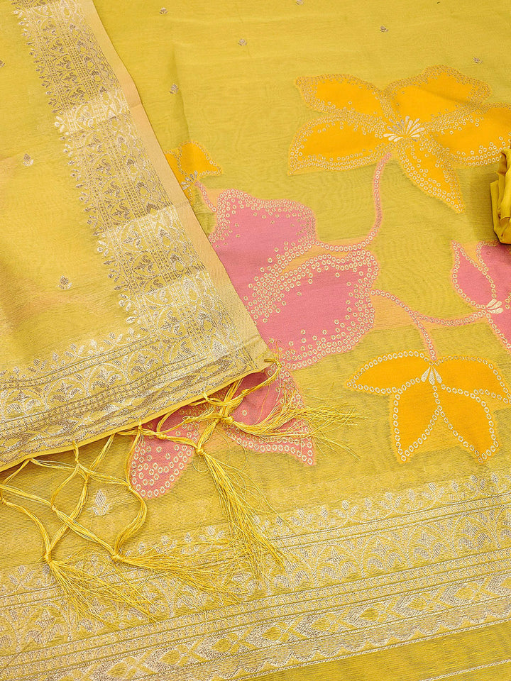 Yellow Tissue Floral Weaving Unstitched Dress Material