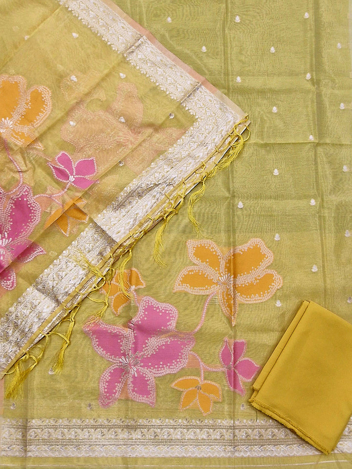 Yellow Tissue Floral Weaving Unstitched Dress Material