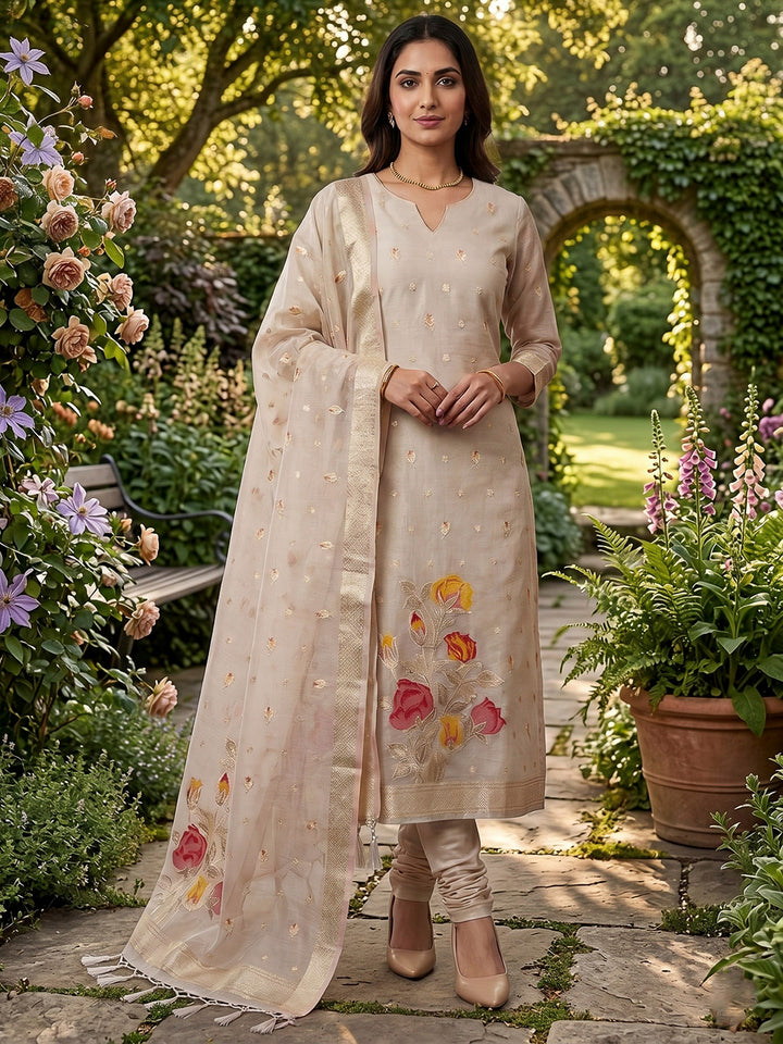 Cream Tissue Floral Weaving Unstitched Dress Material