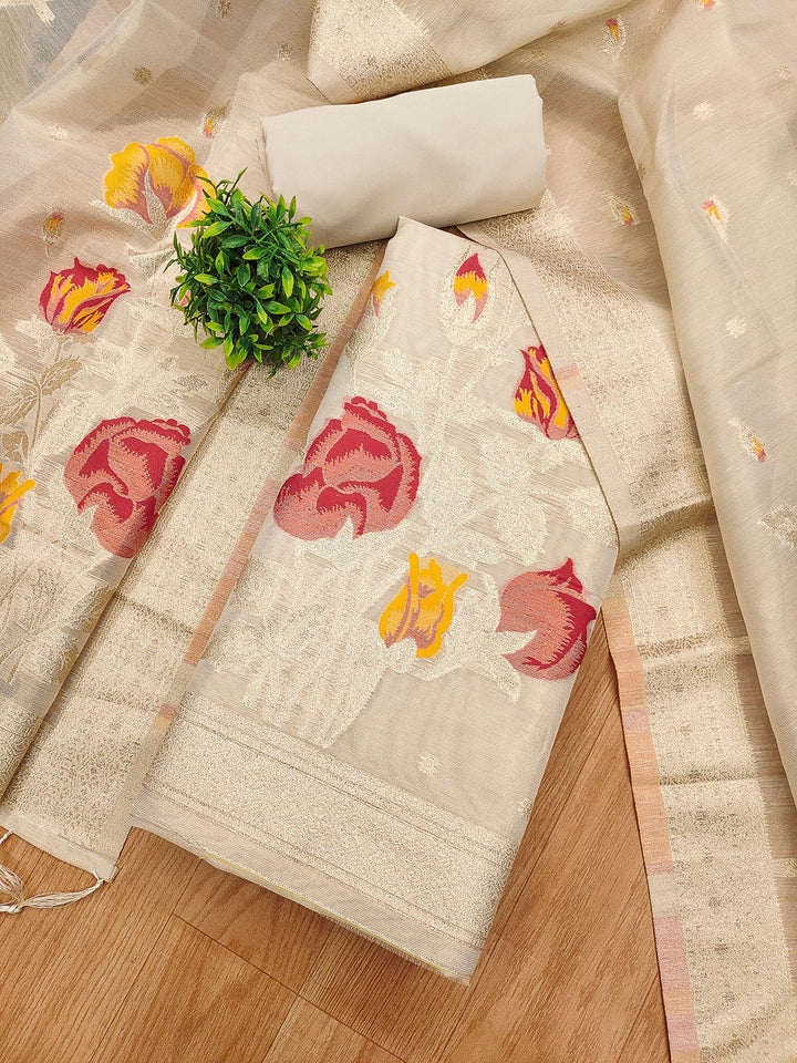 Cream Tissue Floral Weaving Unstitched Dress Material
