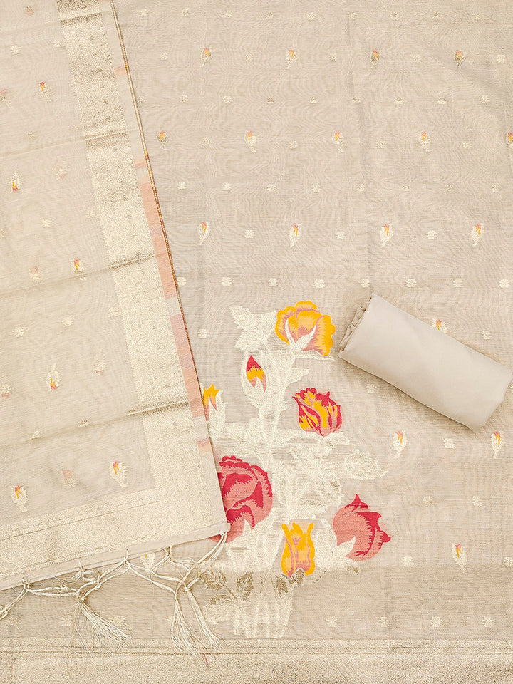 Cream Tissue Floral Weaving Unstitched Dress Material