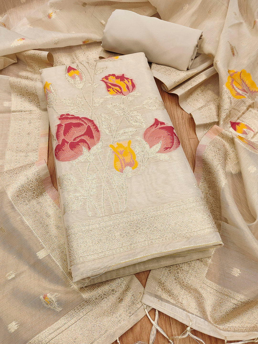 Cream Tissue Floral Weaving Unstitched Dress Material