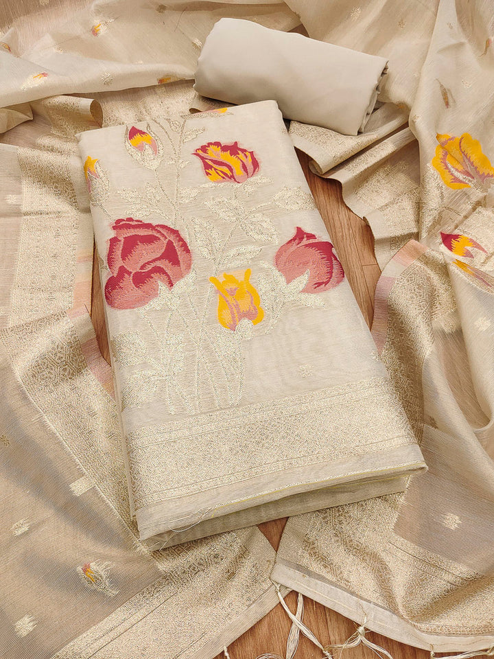 Cream Tissue Floral Weaving Unstitched Dress Material