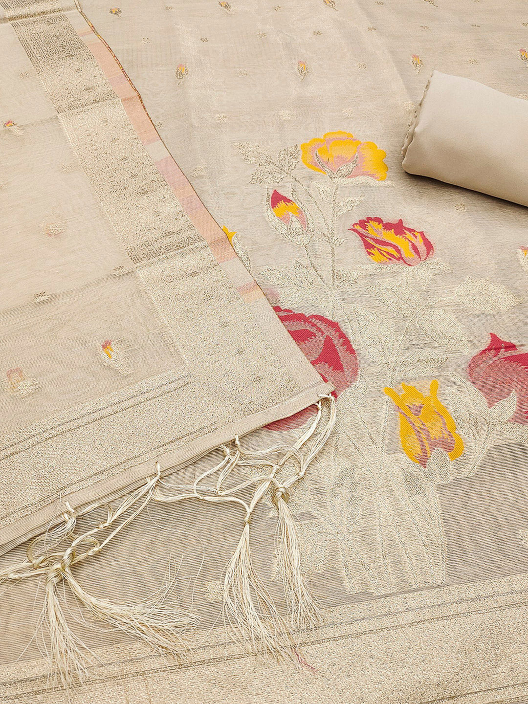 Cream Tissue Floral Weaving Unstitched Dress Material