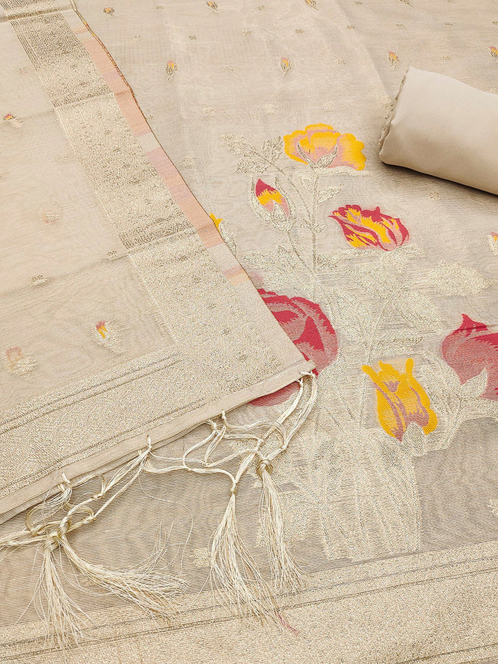Cream Tissue Floral Weaving Unstitched Dress Material