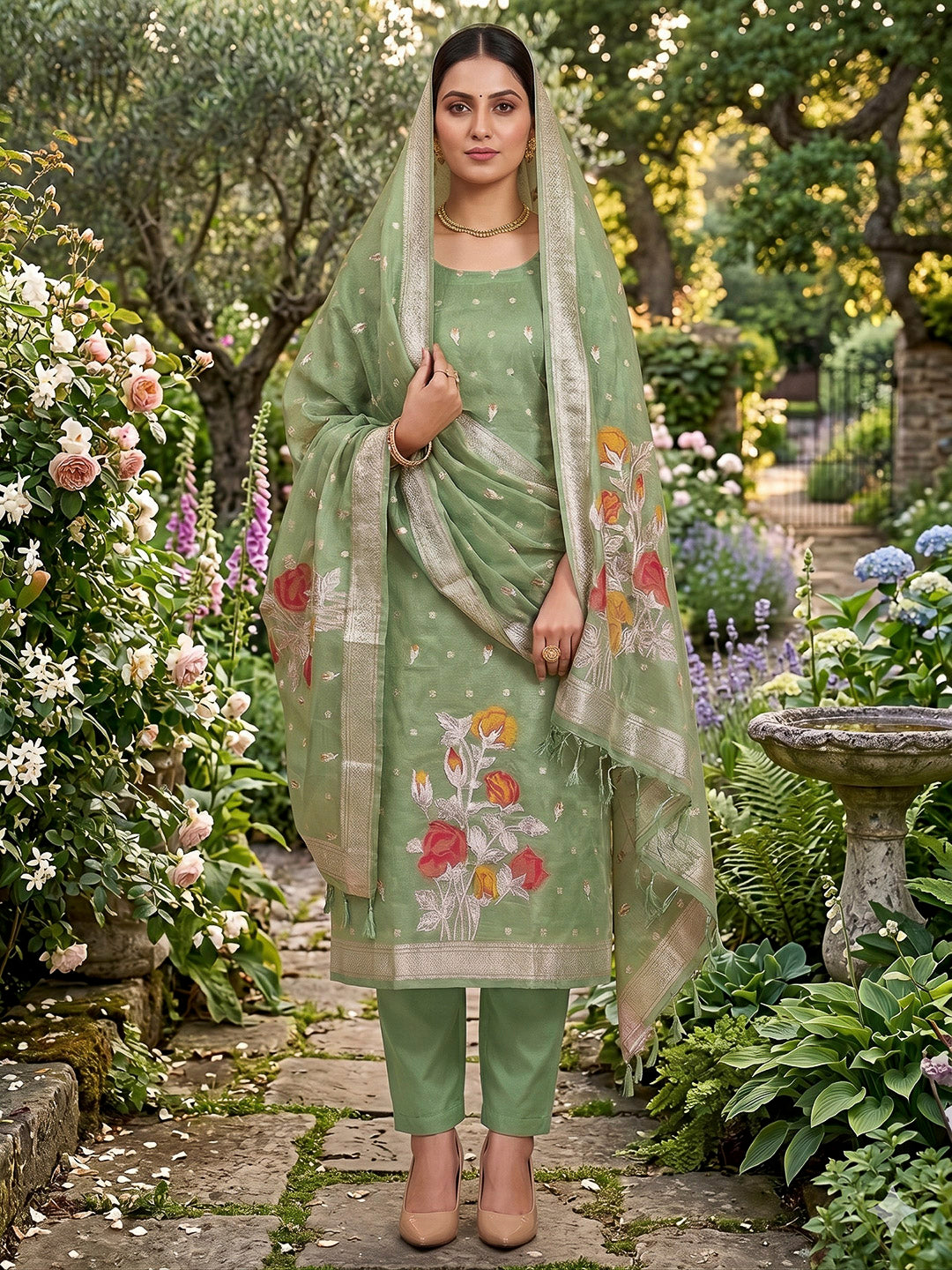 Green Tissue Floral Weaving Unstitched Dress Material