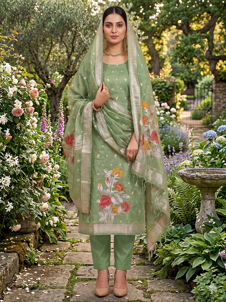 Green Tissue Floral Weaving Unstitched Dress Material