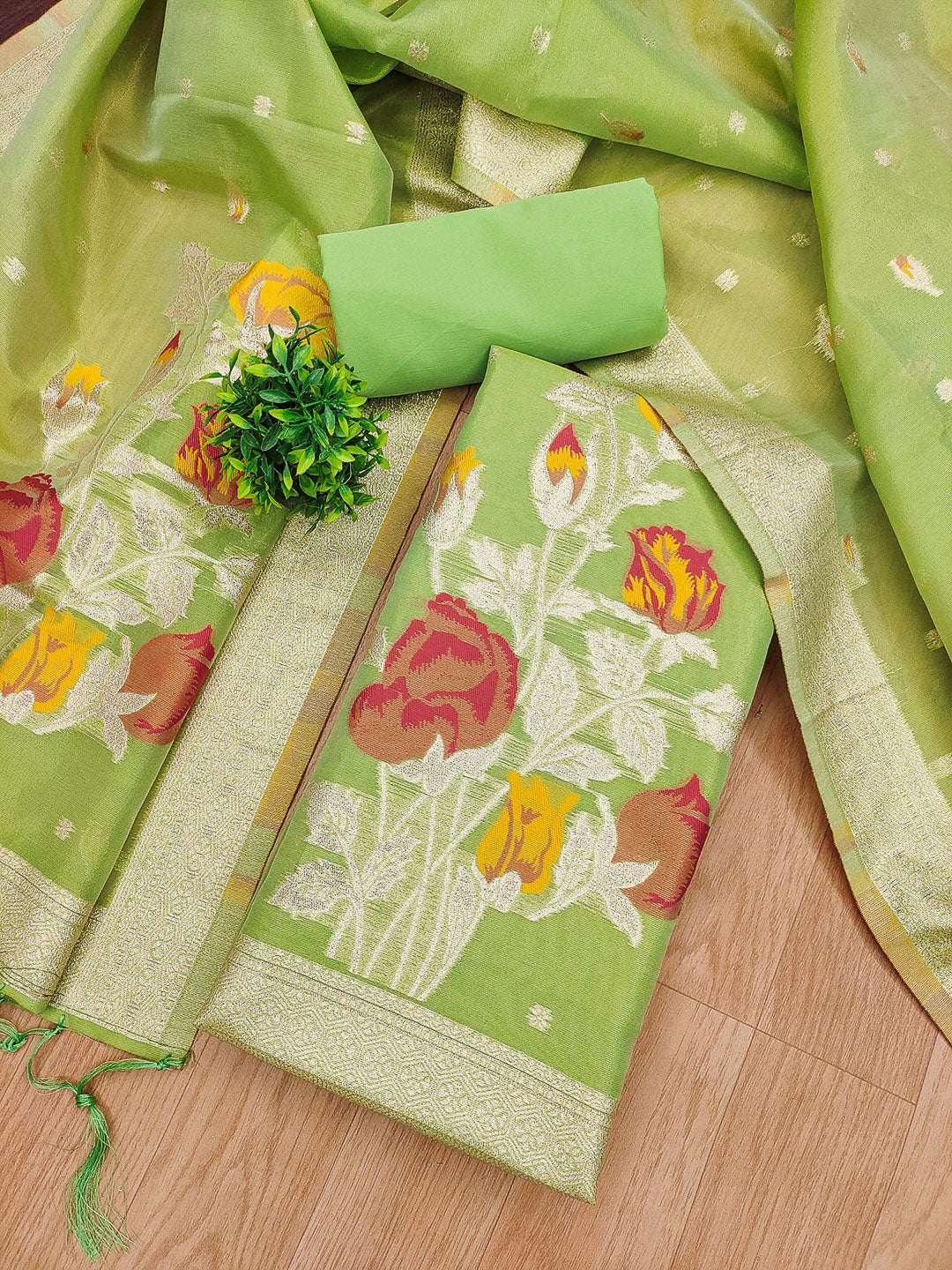 Green Tissue Floral Weaving Unstitched Dress Material