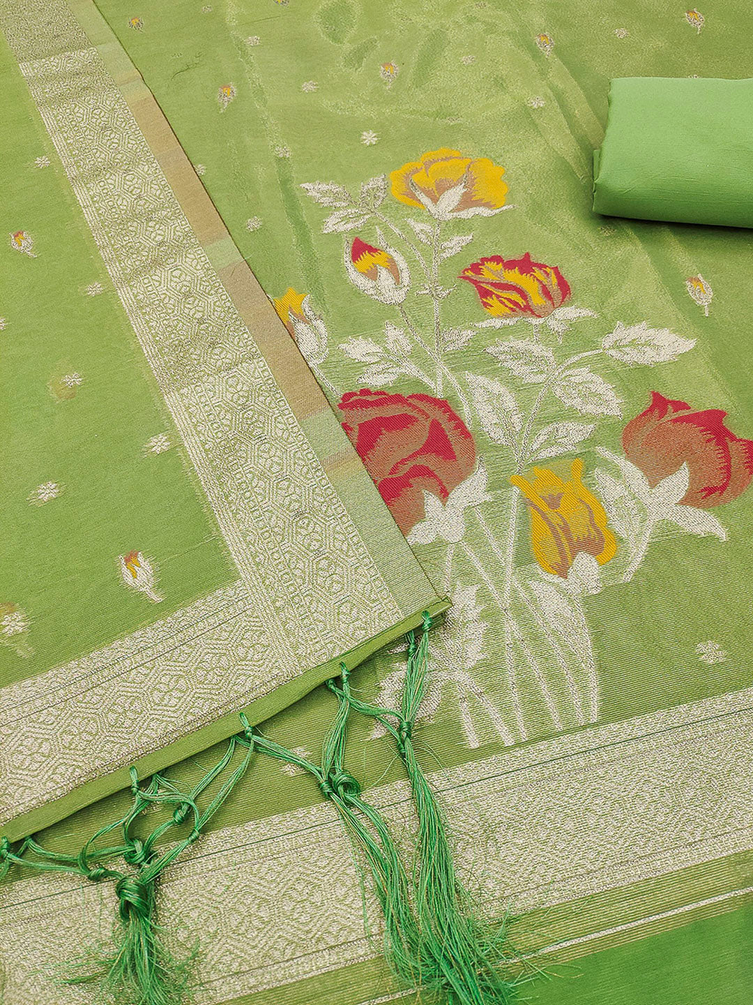 Green Tissue Floral Weaving Unstitched Dress Material