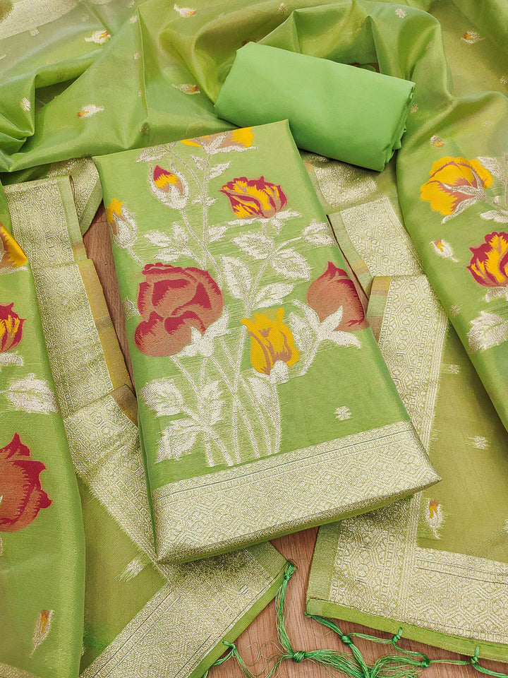 Green Tissue Floral Weaving Unstitched Dress Material
