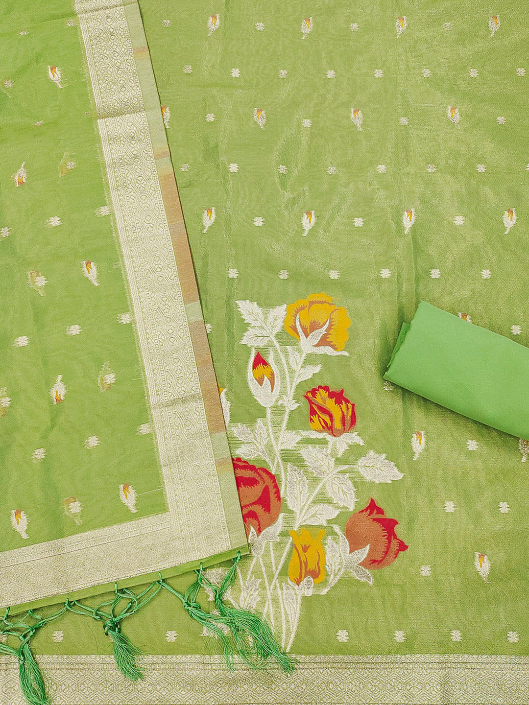 Green Tissue Floral Weaving Unstitched Dress Material