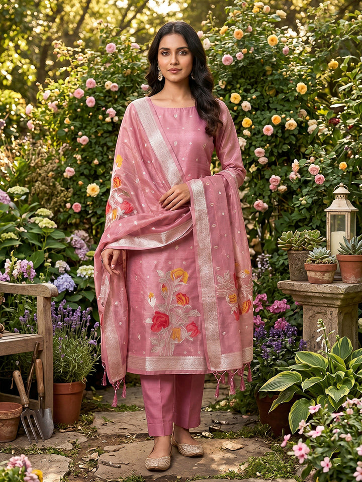 Pink Tissue Floral Weaving Unstitched Dress Material