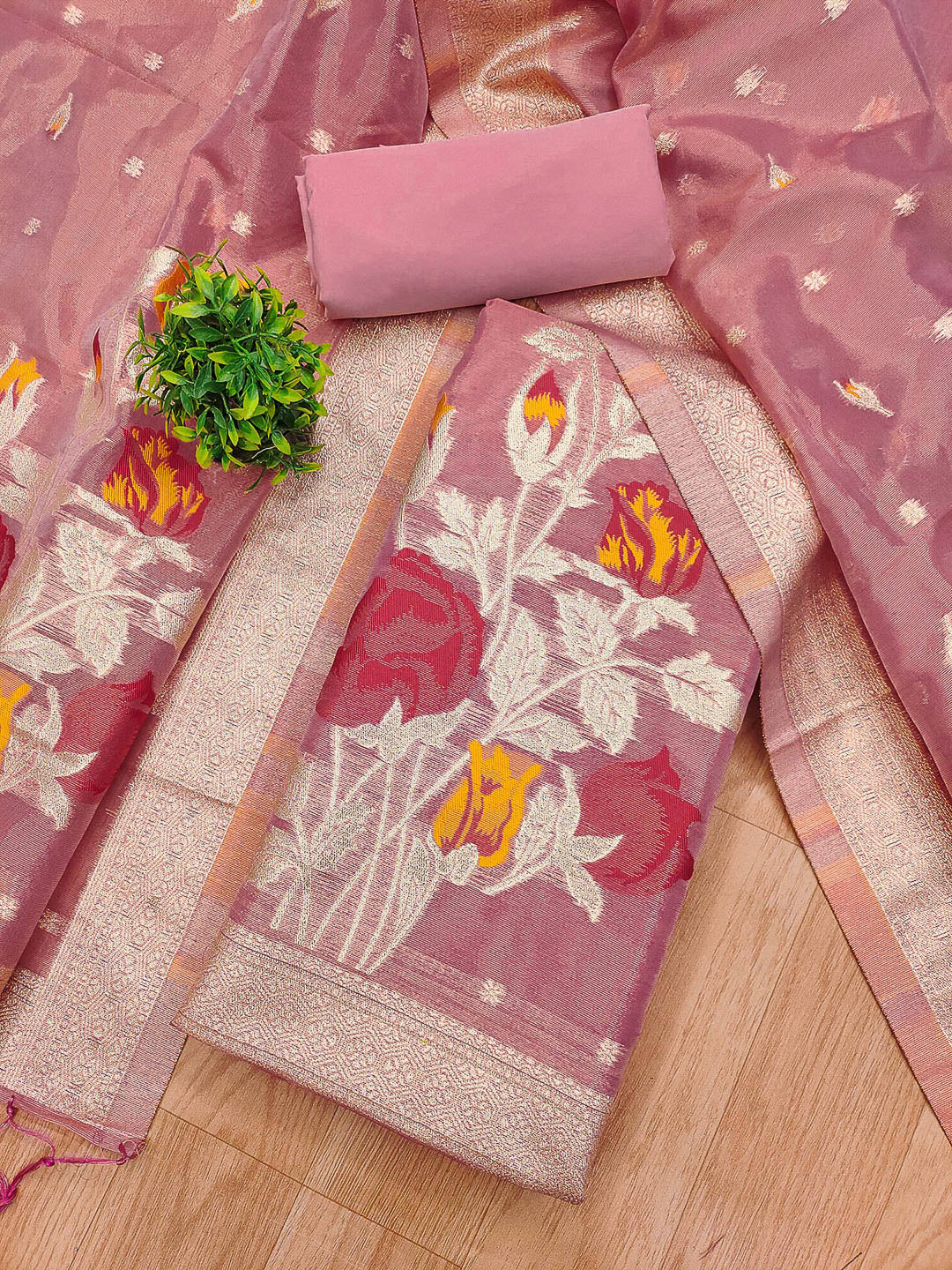 Pink Tissue Floral Weaving Unstitched Dress Material