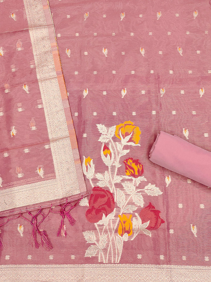 Pink Tissue Floral Weaving Unstitched Dress Material