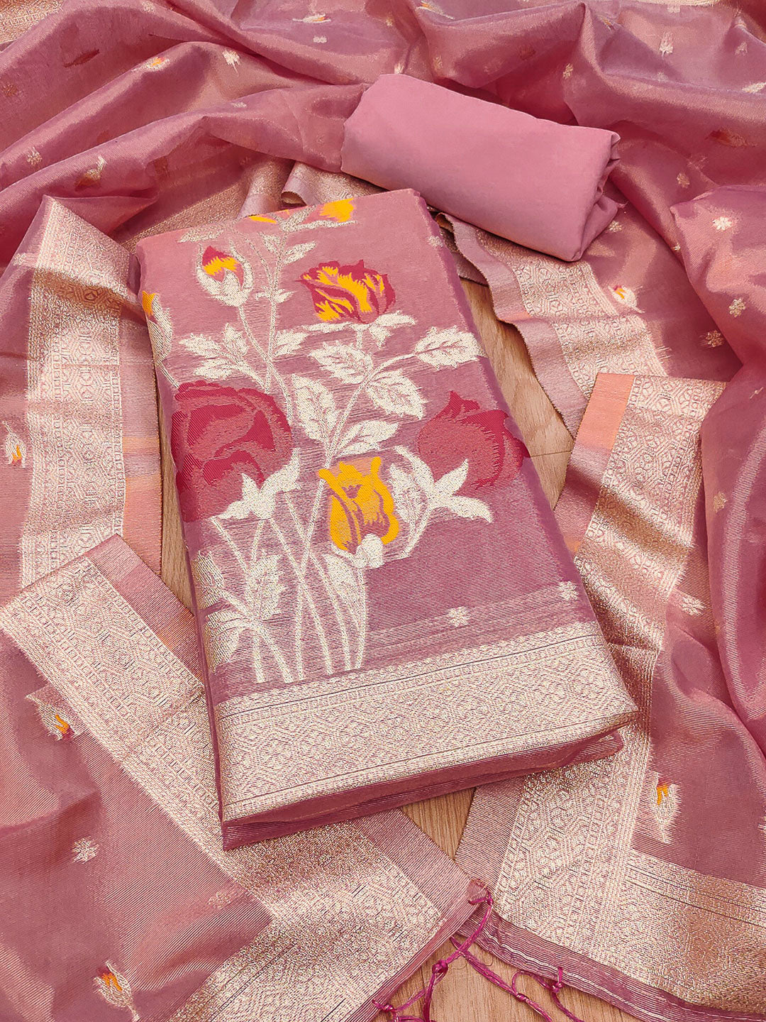 Pink Tissue Floral Weaving Unstitched Dress Material