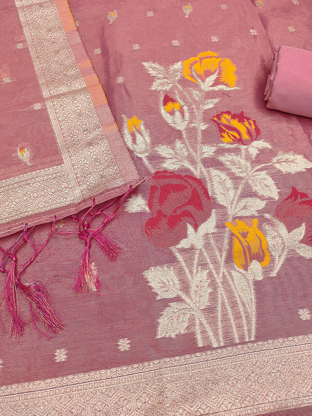 Pink Tissue Floral Weaving Unstitched Dress Material