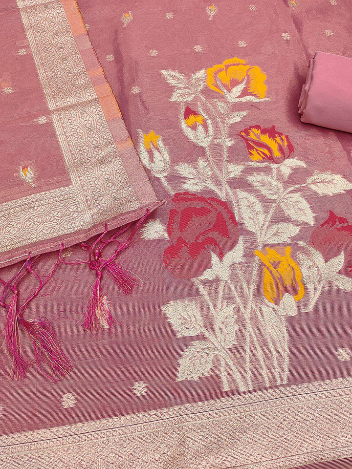 Pink Tissue Floral Weaving Unstitched Dress Material