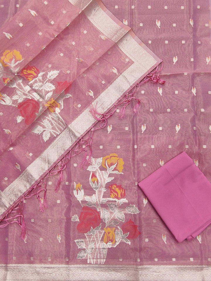 Pink Tissue Floral Weaving Unstitched Dress Material
