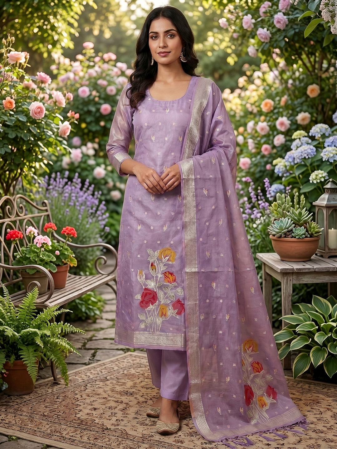 Purple Tissue Floral Weaving Unstitched Dress Material
