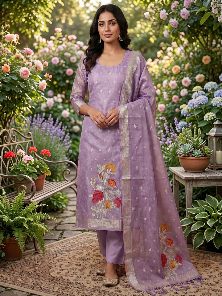 Purple Tissue Floral Weaving Unstitched Dress Material