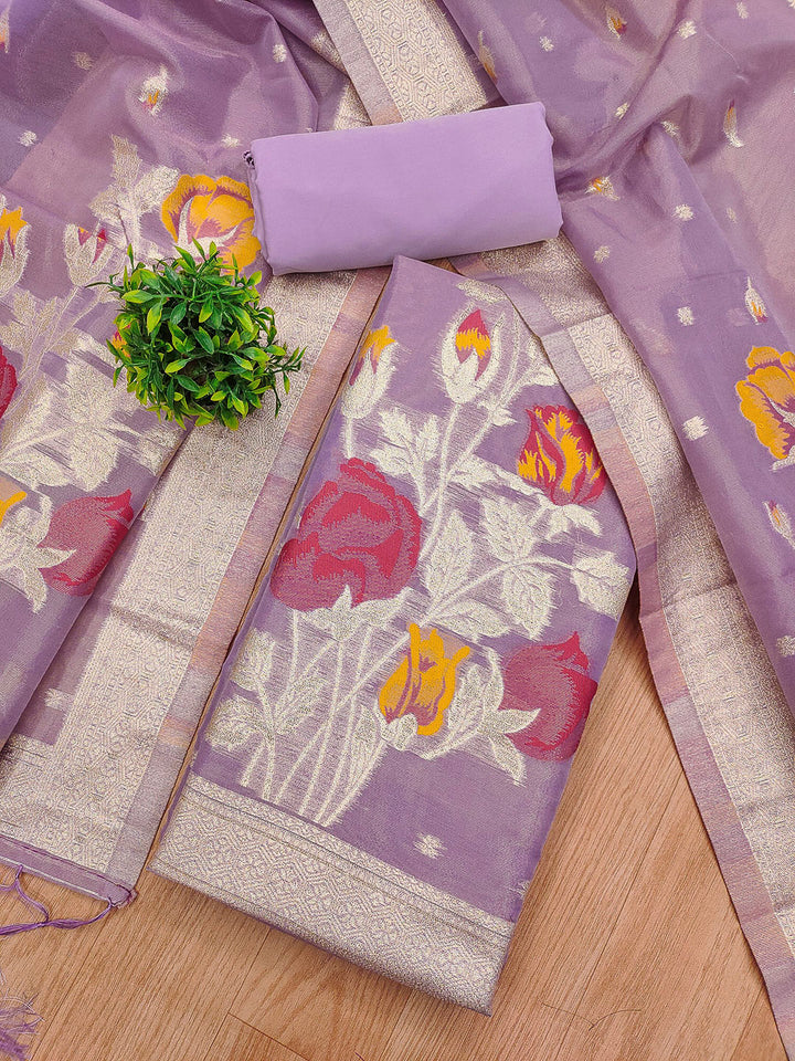 Purple Tissue Floral Weaving Unstitched Dress Material