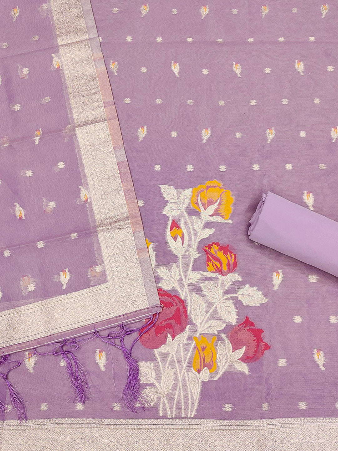 Purple Tissue Floral Weaving Unstitched Dress Material