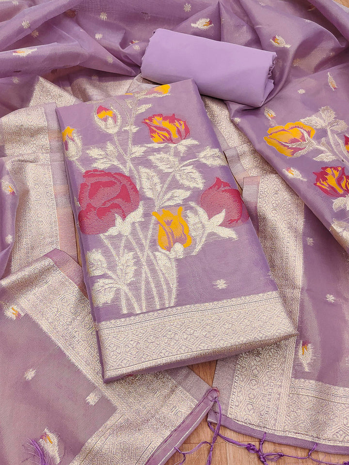 Purple Tissue Floral Weaving Unstitched Dress Material
