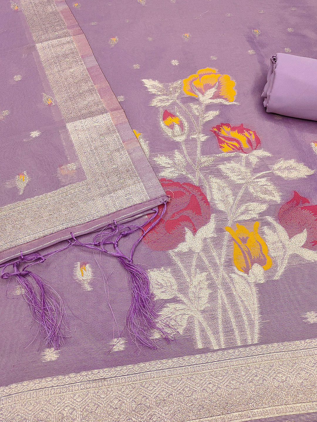 Purple Tissue Floral Weaving Unstitched Dress Material